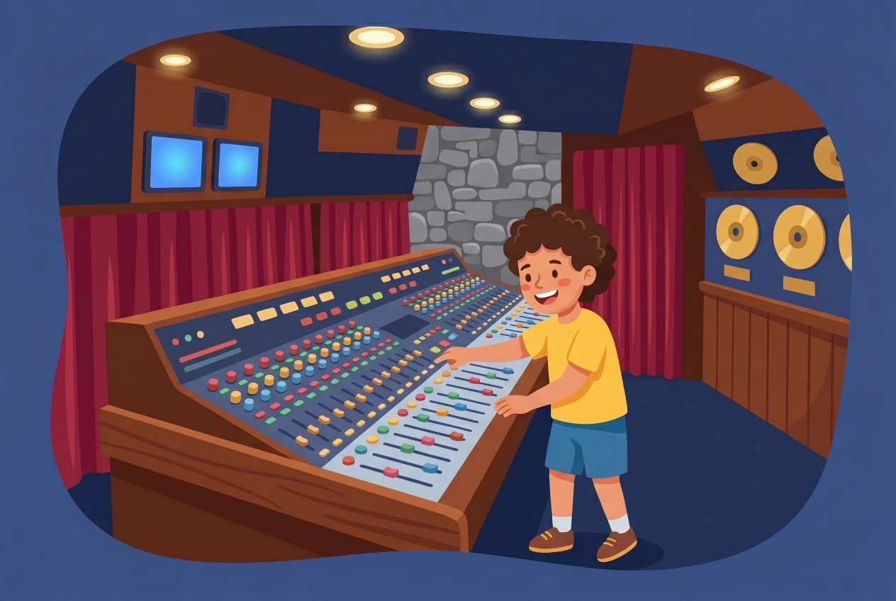 Illustration de Queen – The Studio Experience à Montreux : un enfant joue à l'ingénieur du son devant la grande table de mixage du studio d'enregistrement, avec disques d'or au mur.