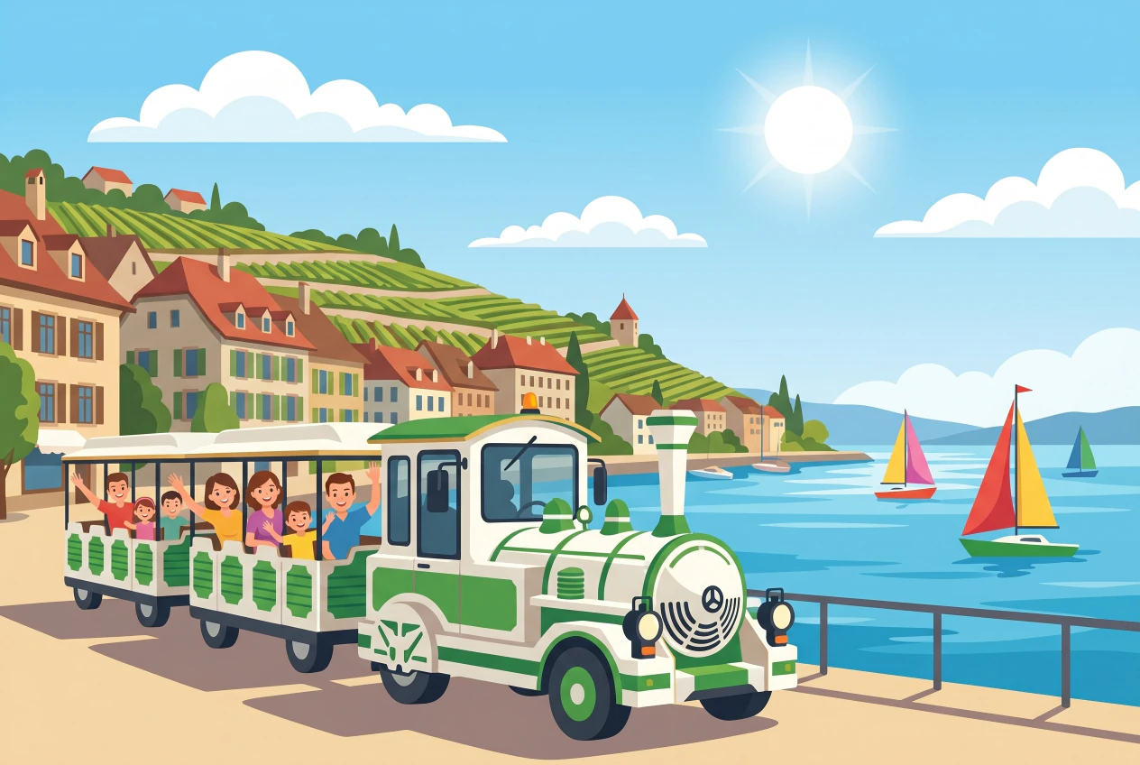 Illustration plate de petit train touristique de Morges au bord du lac avec une famille