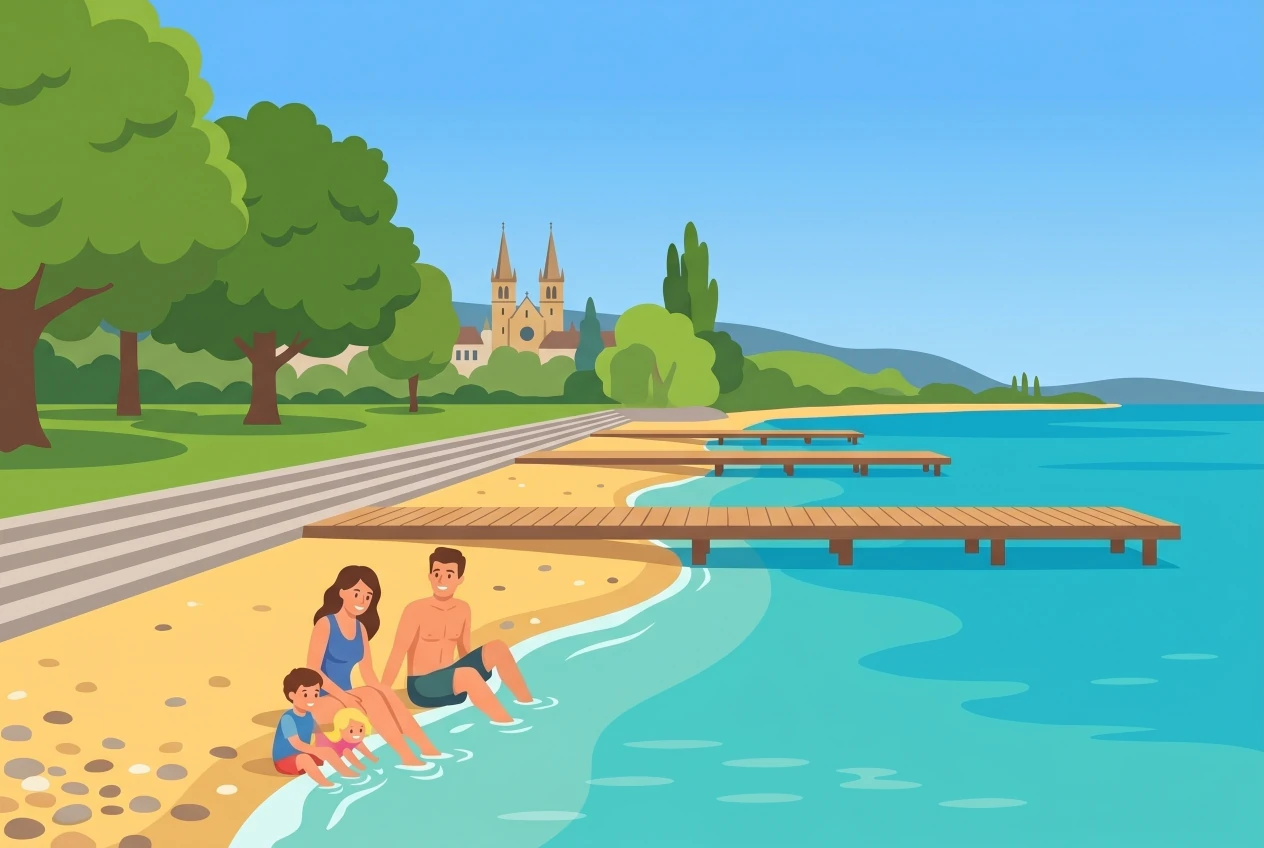 Illustration de la plage des Jeunes-Rives a Neuchatel : plage en pente douce, pontons en bois, lac turquoise et collegiale en arriere-plan, famille au bord de l'eau.