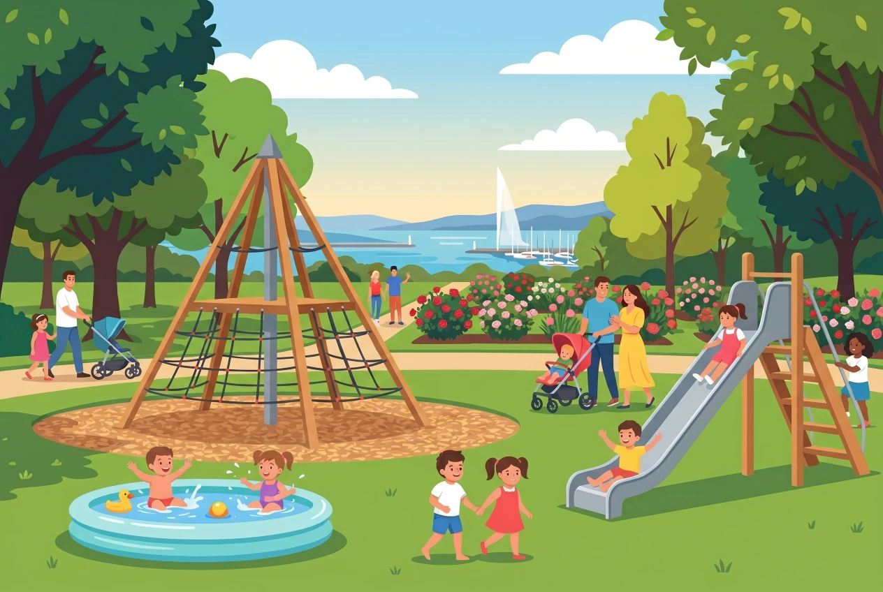 Illustration de la place de jeux du Parc La Grange à Genève, pataugeoire et roseraie