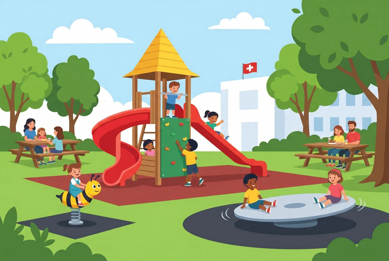 Illustration de la place de jeux et de pique-nique de Begnins : tour de jeu avec toboggan tube rouge, mur d'escalade, balançoire ressort abeille, grande toupie rotative et tables de pique-nique, avec des enfants qui jouent.