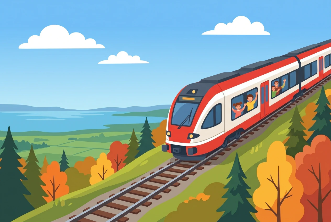 Illustration du petit train rouge et blanc NStCM montant dans le Jura entre Nyon et Saint-Cergue, vue sur le lac et les forêts, des enfants saluent aux fenêtres