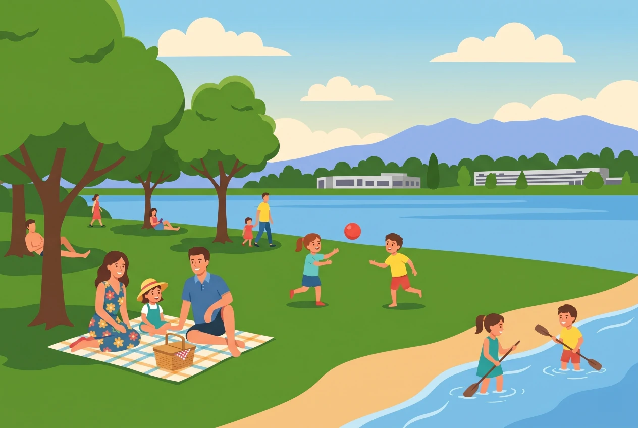 Illustration de la plage de Dorigny à Saint-Sulpice, pelouse au bord du Léman avec des familles