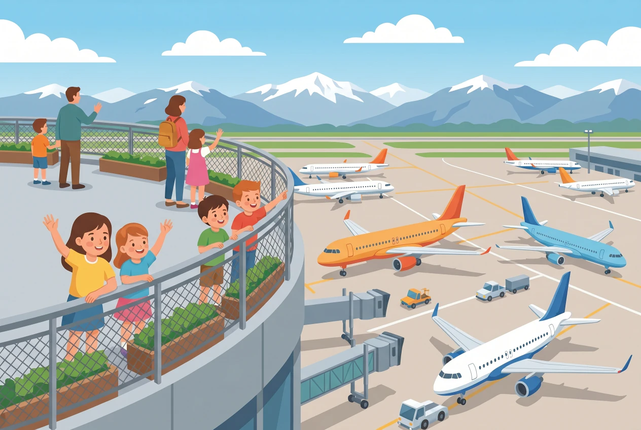 Illustration plate de la Terrasse Panorama de l'Aéroport de Genève : des familles et enfants accoudés à la rambarde courbe végétalisée observent les avions sur le tarmac, avec la chaîne du Jura enneigée en arrière-plan