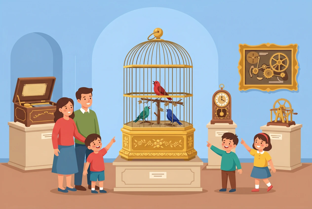 Illustration du MuMAPS à Sainte-Croix : salle de musée de la mécanique d'art avec un automate d'oiseau chanteur dans une cage dorée, boîtes à musique et automates anciens, admirés par des enfants émerveillés et leur famille