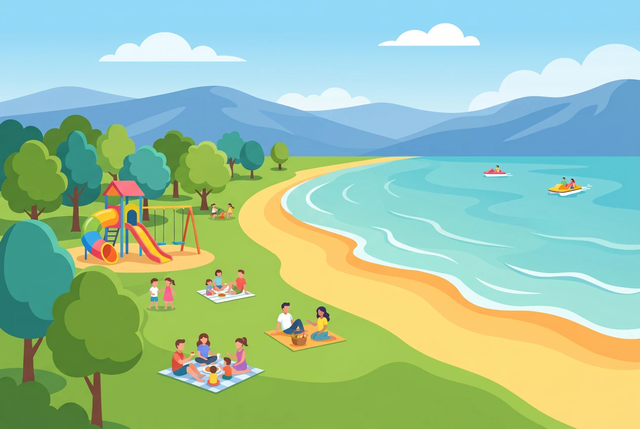 Illustration de la plage d'Yverdon-les-Bains au bord du lac de Neuchâtel : sable en pente douce, grande pelouse, aire de jeux avec toboggan, pédalos et montagnes du Jura en fond