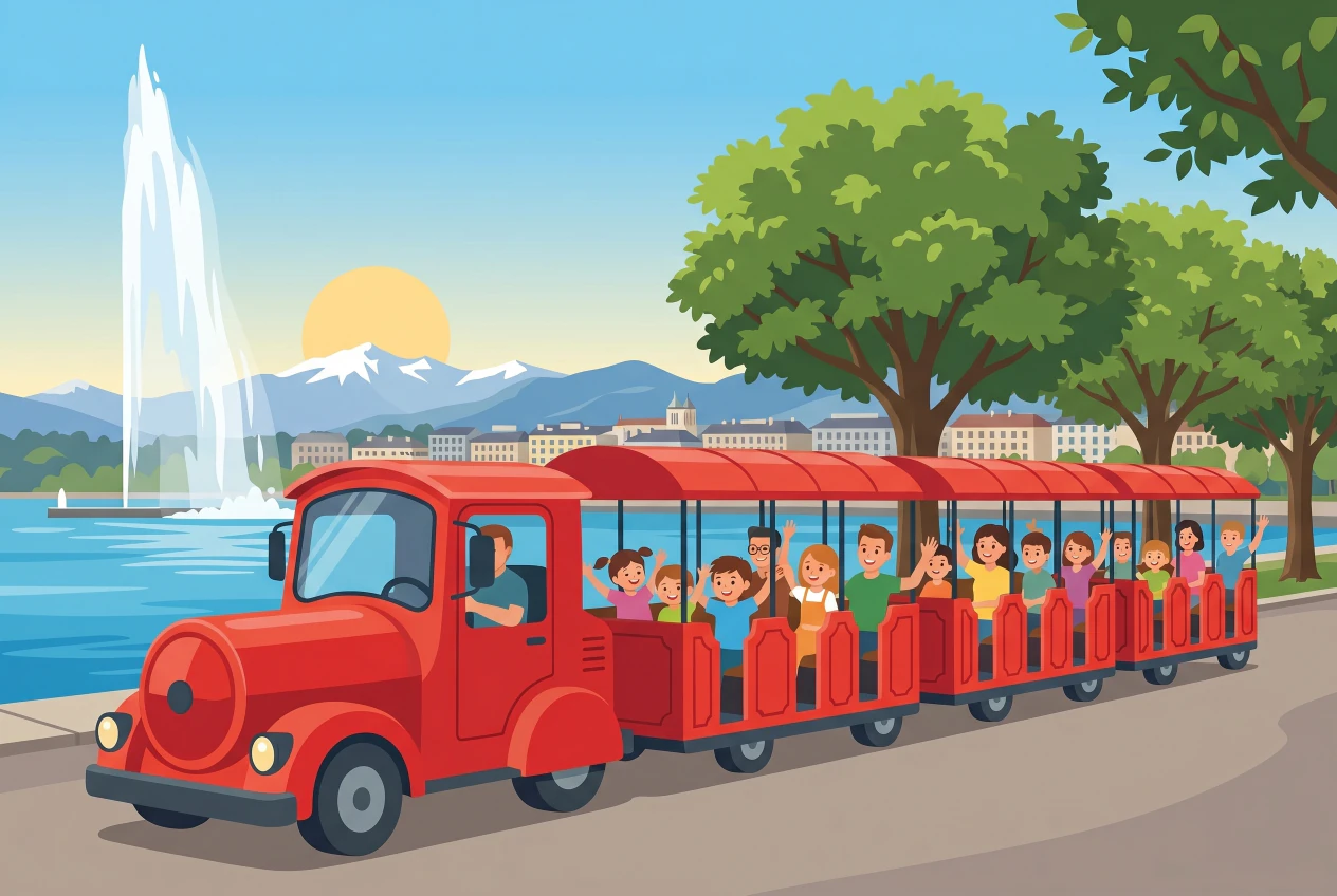 Illustration plate du petit train touristique rouge de Genève longeant le lac Léman, avec des enfants joyeux à bord, le Jet d'eau, la ville et le Mont-Blanc enneigé en arrière-plan