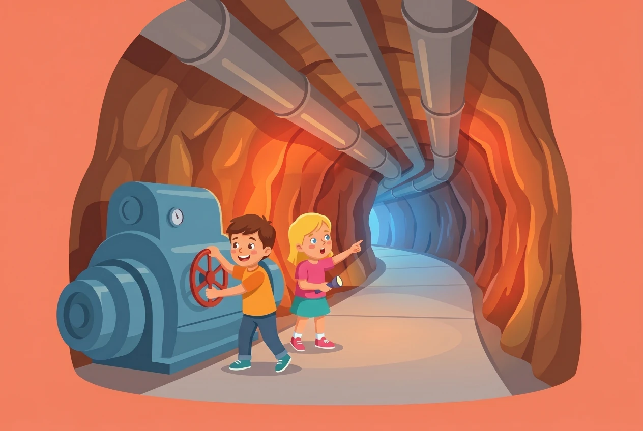 Illustration du Fort de Chillon à Veytaux : galerie souterraine creusée dans la roche, éclairée en orange, avec des enfants qui explorent et actionnent une machine militaire
