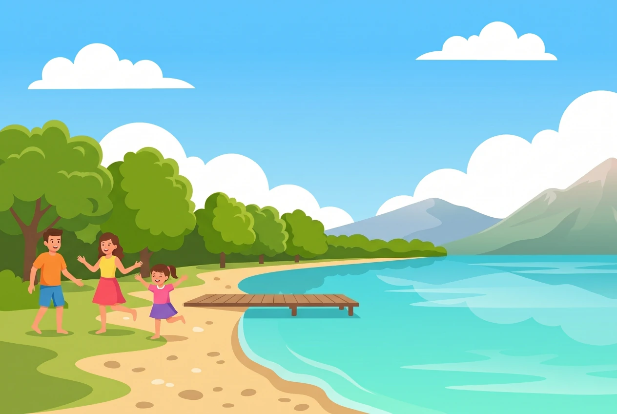 Illustration de la plage d'Allaman au bord du Léman, gazon et galets