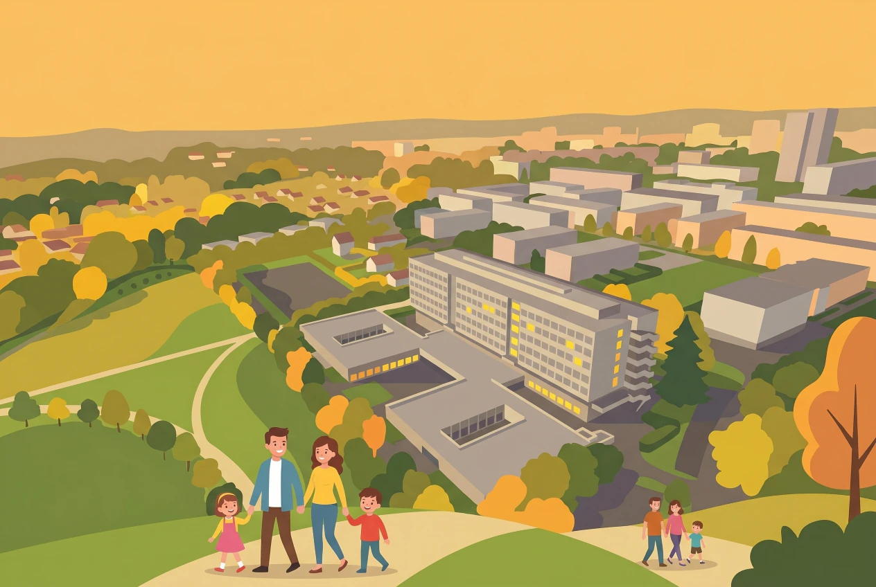 Illustration plate du Collège de Saussure à Petit-Lancy, le long bâtiment moderniste où siège le Ciné-Saussure, entouré de son parc verdoyant, avec une famille et des enfants qui s'y rendent à la tombée du jour