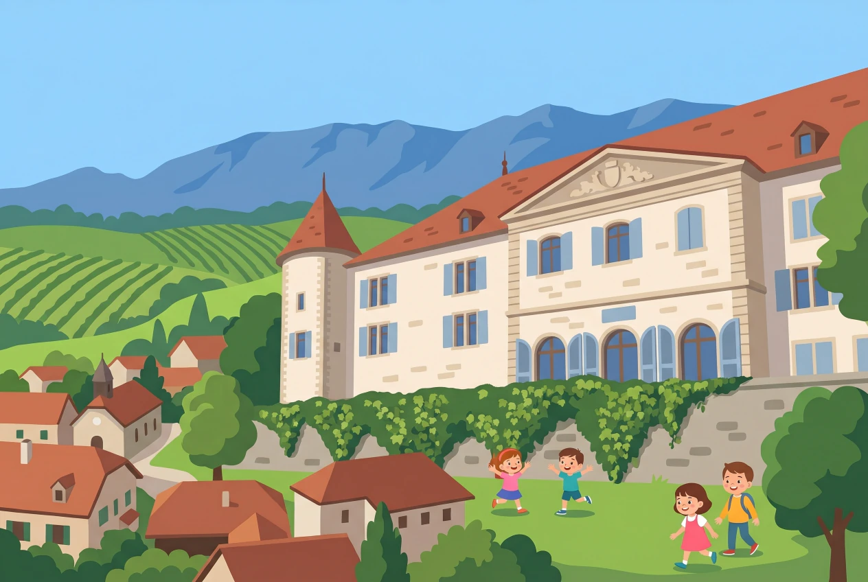 Illustration plate du château de Dardagny, sa tourelle d'angle et ses maisons aux toits de tuiles, devant les vignes et le Jura, avec des enfants qui jouent sur la pelouse