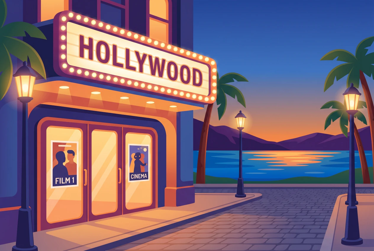 Illustration du cinéma Hollywood à Montreux, enseigne lumineuse HOLLYWOOD, palmiers, lac et montagnes au coucher du soleil