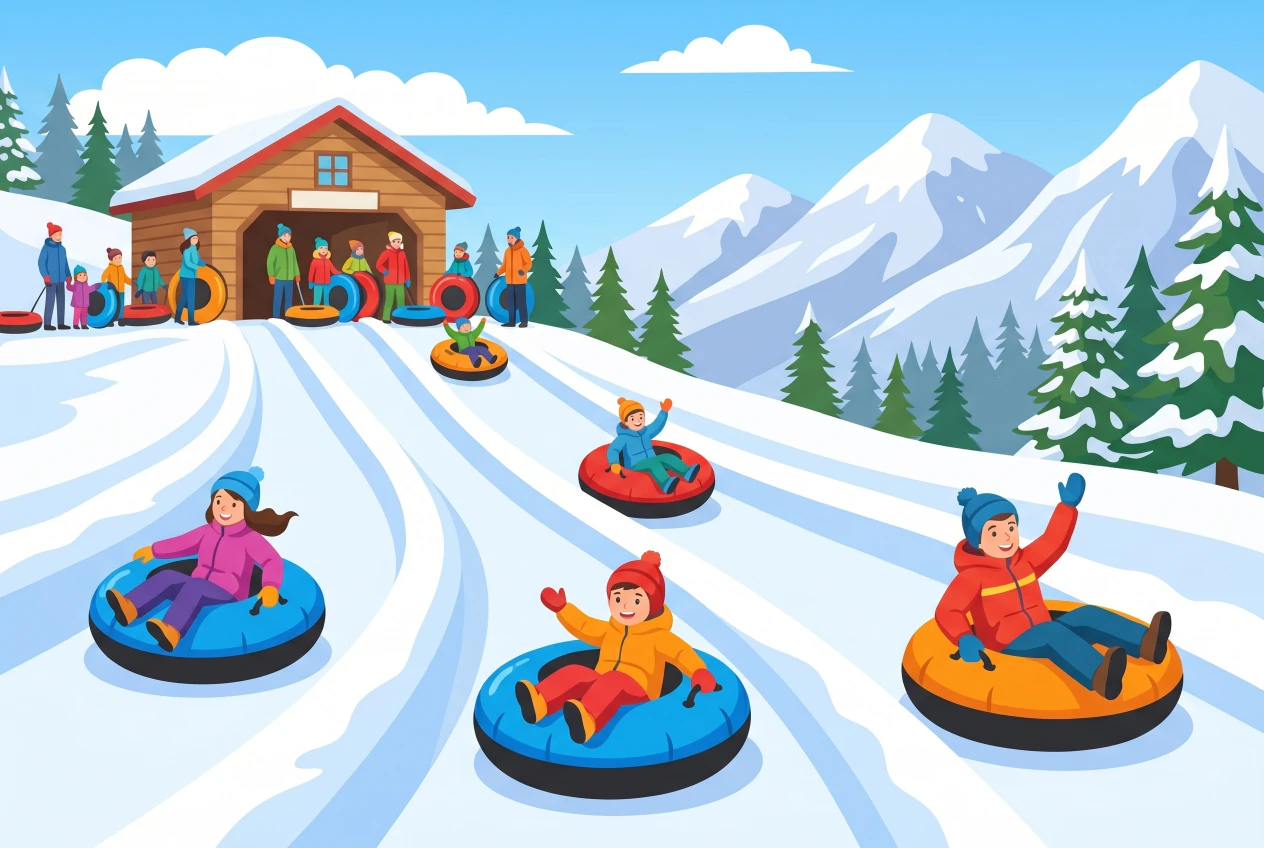 Illustration du Tobogganing Park de Leysin : enfants et familles descendant des couloirs de neige en bouées, chalet de départ et montagnes enneigées des Alpes vaudoises