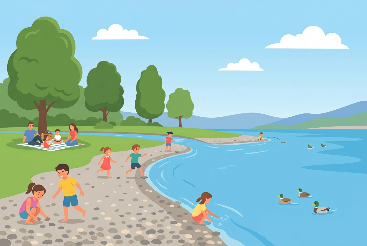 Illustration du parc de la Bécassine à Versoix, plage de galets et pelouse ombragée au bord du Léman