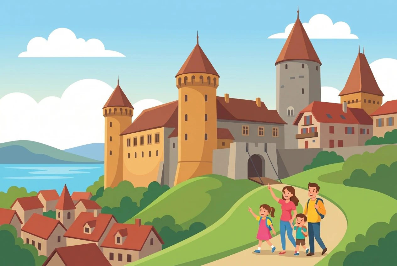 Illustration du Château de Chenaux à Estavayer-le-Lac : forteresse médiévale aux tours rondes coiffées de toits coniques, dominant la vieille ville et le lac de Neuchâtel, avec une famille qui monte vers l'entrée