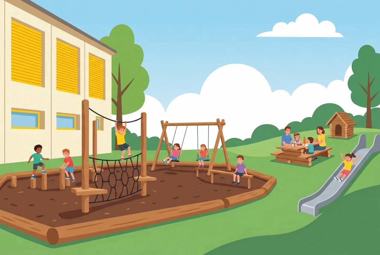 Illustration de la place de jeux du centre communal du Vaud : structure d'escalade en filet, balançoires et poutres en bois, table de pique-nique et toboggan sur talus engazonné, avec des enfants qui jouent.