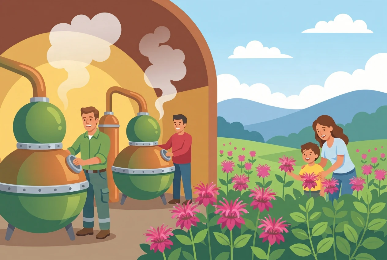 Illustration de la Distillerie de Bassins : grands alambics verts qui dégagent de la vapeur dans la halle, champ de plantes aromatiques en fleurs et collines du Jura, une famille découvre les plantes.