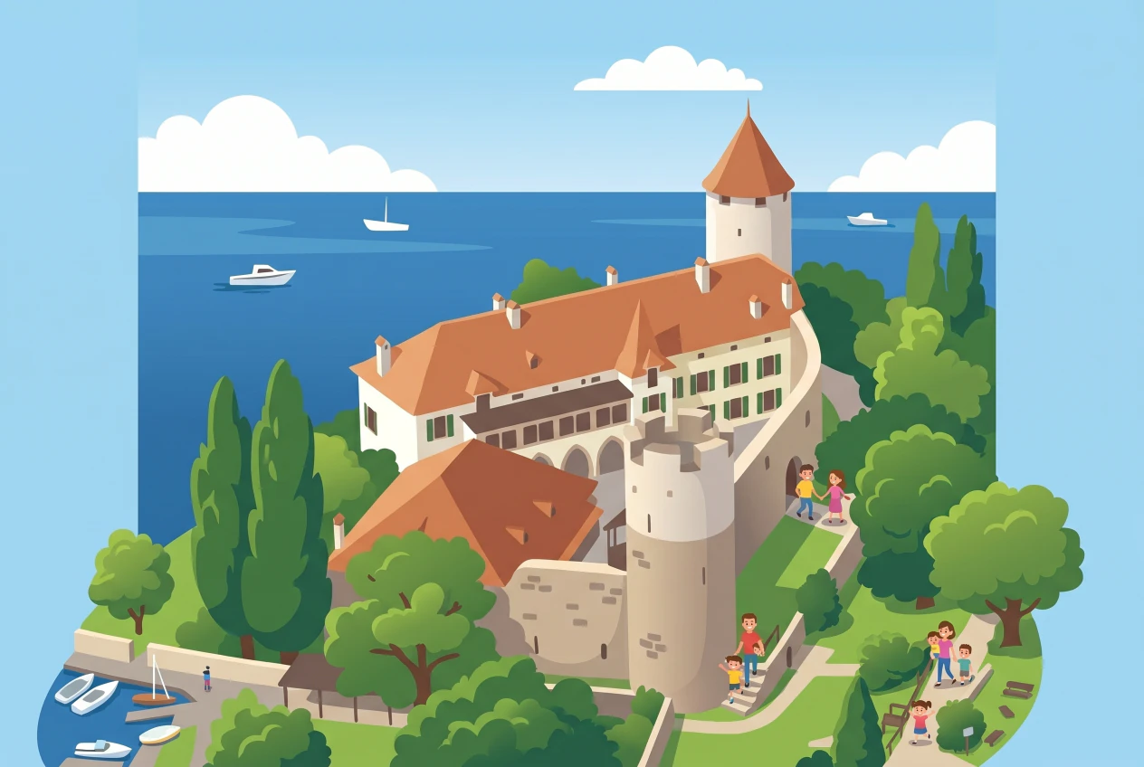 Illustration plate du Musée Suisse du Jeu, château médiéval de La Tour-de-Peilz au bord du lac Léman avec ses tours, sa cour et un petit port, et des familles s'y rendant