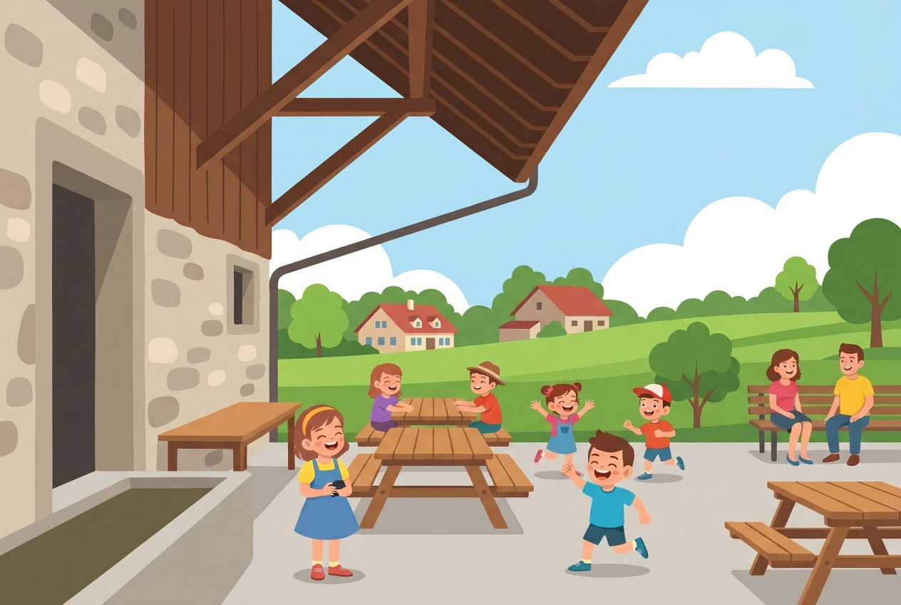 Illustration de la Ferme de Charlemont a Crans-pres-Celigny : cour de ferme champetre avec grange, tables de pique-nique et enfants jouant dans la campagne