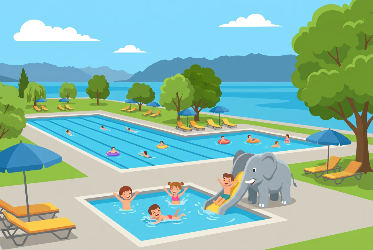 Illustration de Pully Plage : la pataugeoire avec son toboggan en forme d'éléphant et des enfants qui s'amusent, le grand bassin extérieur, la pelouse et les transats, au bord du lac Léman avec les Alpes à l'horizon