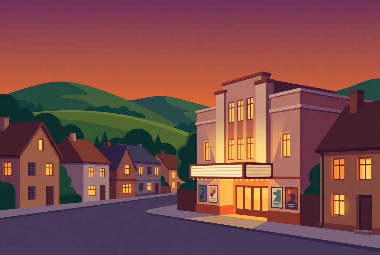 Illustration du cinema de village Sirius a Chatel-Saint-Denis, facade 1930 eclairee, maisons et collines en Veveyse au coucher du soleil
