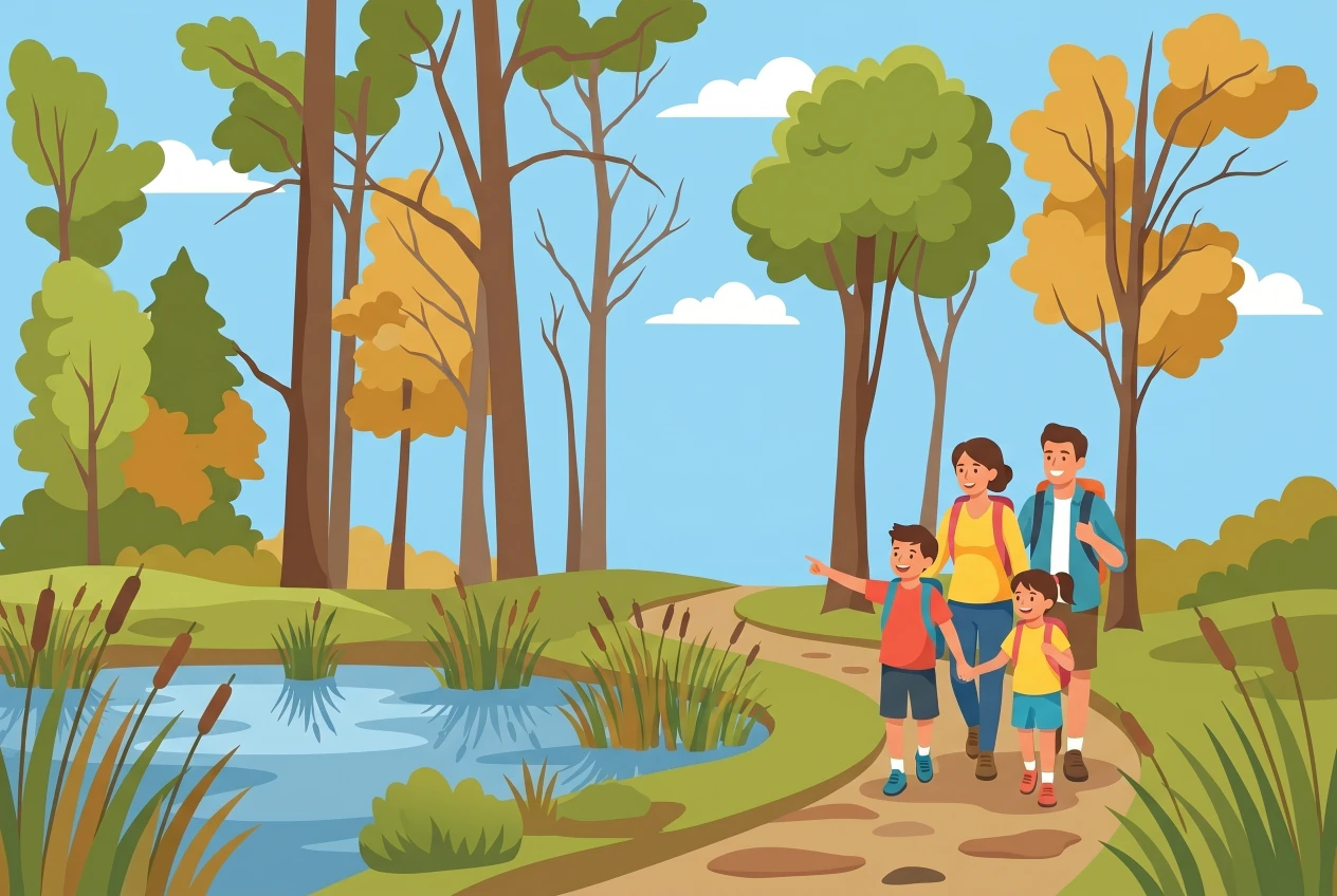 Illustration du Bois de Bondex a Celigny : reserve naturelle avec foret, clairiere et marais aux roseaux, une famille se promene sur le sentier