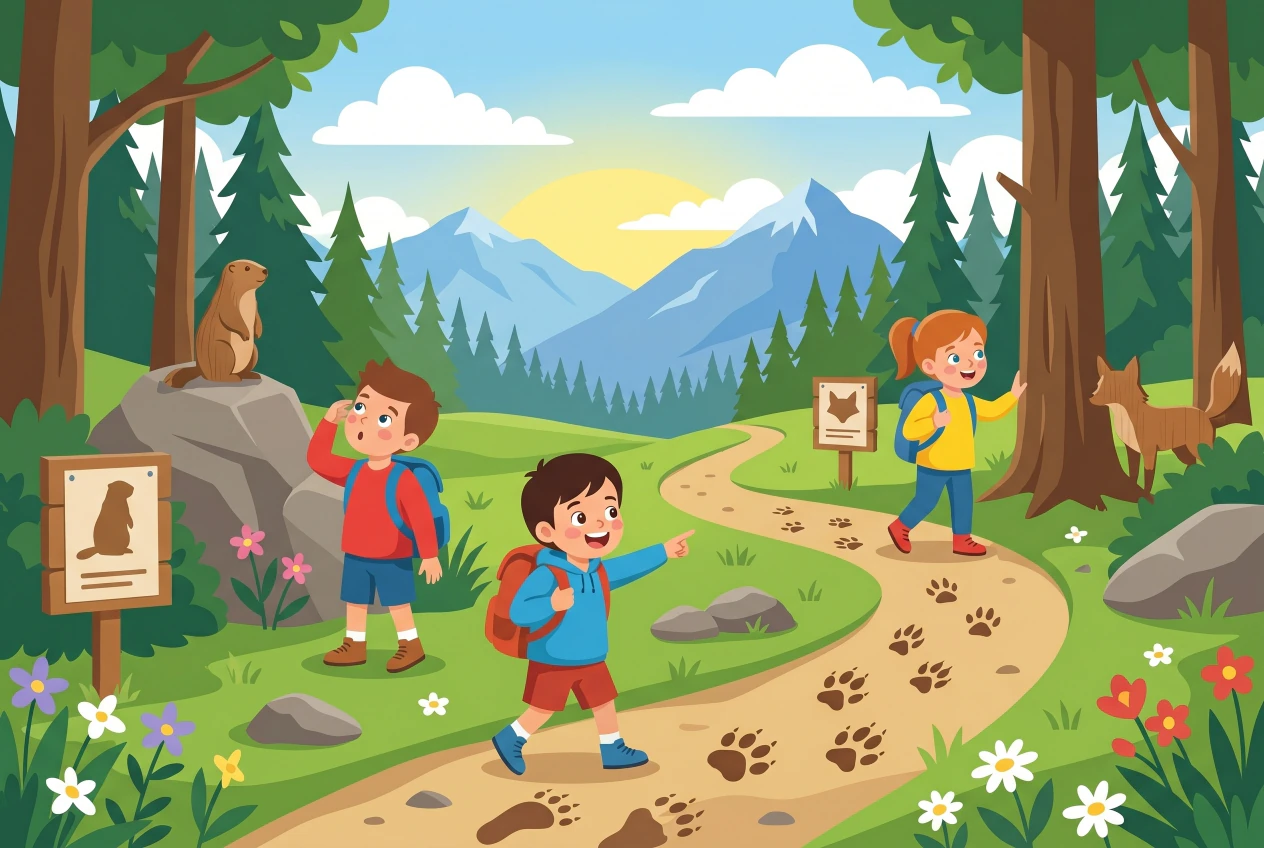 Illustration plate de Chemin des Animaux a Grimentz, enfants reconnaissant empreintes et silhouettes d'animaux en foret