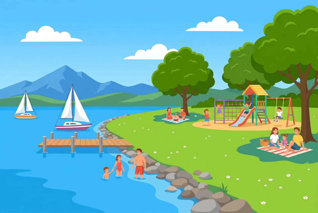 Illustration de la plage du Vengeron à Bellevue : grande pelouse au bord du Léman, ponton avec voiliers, place de jeux, familles qui pique-niquent et enfants qui se baignent, Mont-Blanc enneigé au fond