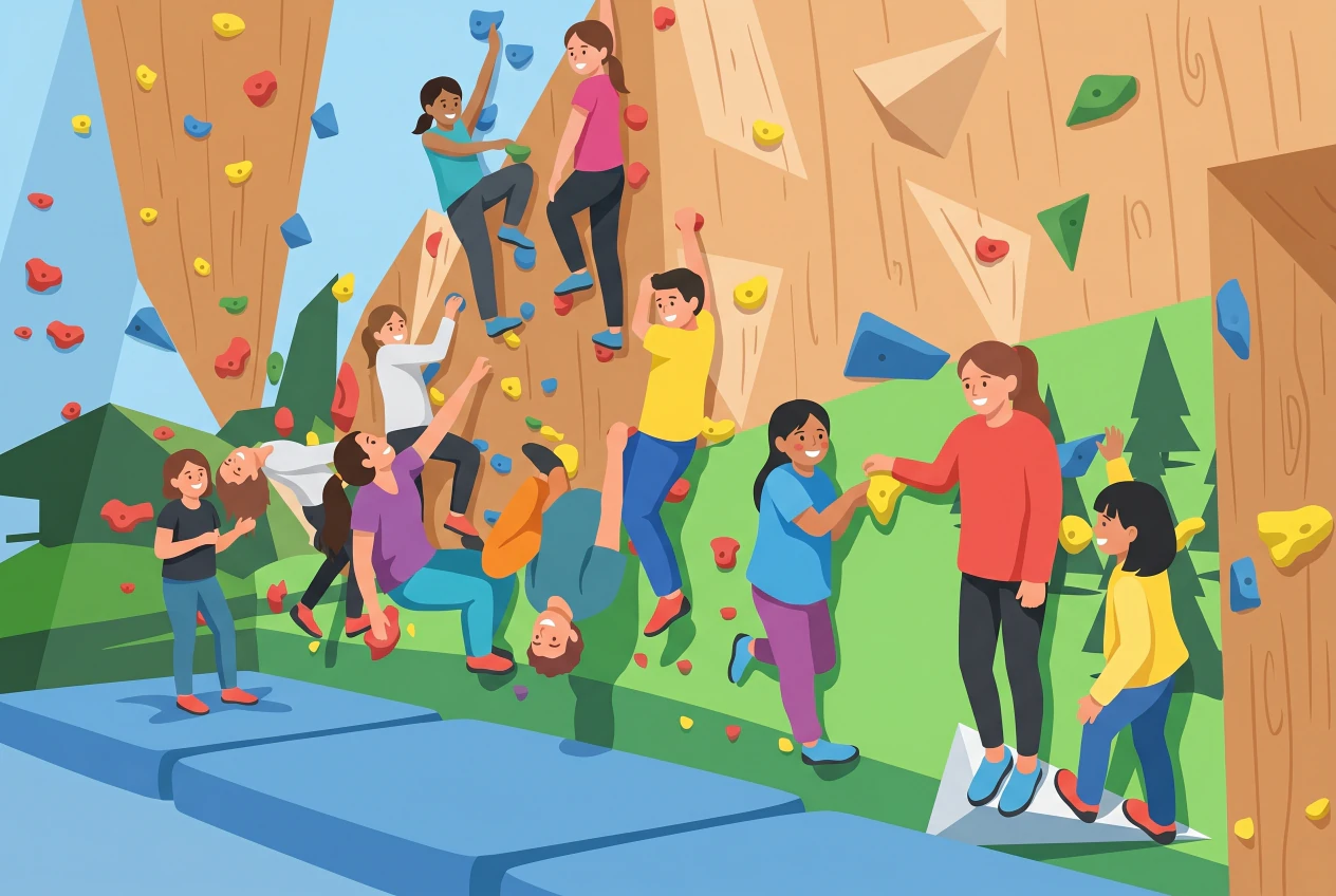 Illustration de la salle d'escalade de bloc Totem à Meyrin: des enfants joyeux grimpent sur de grands murs en bois couverts de prises colorées, devant une fresque de forêt verte, avec d'épais tapis de réception au sol.