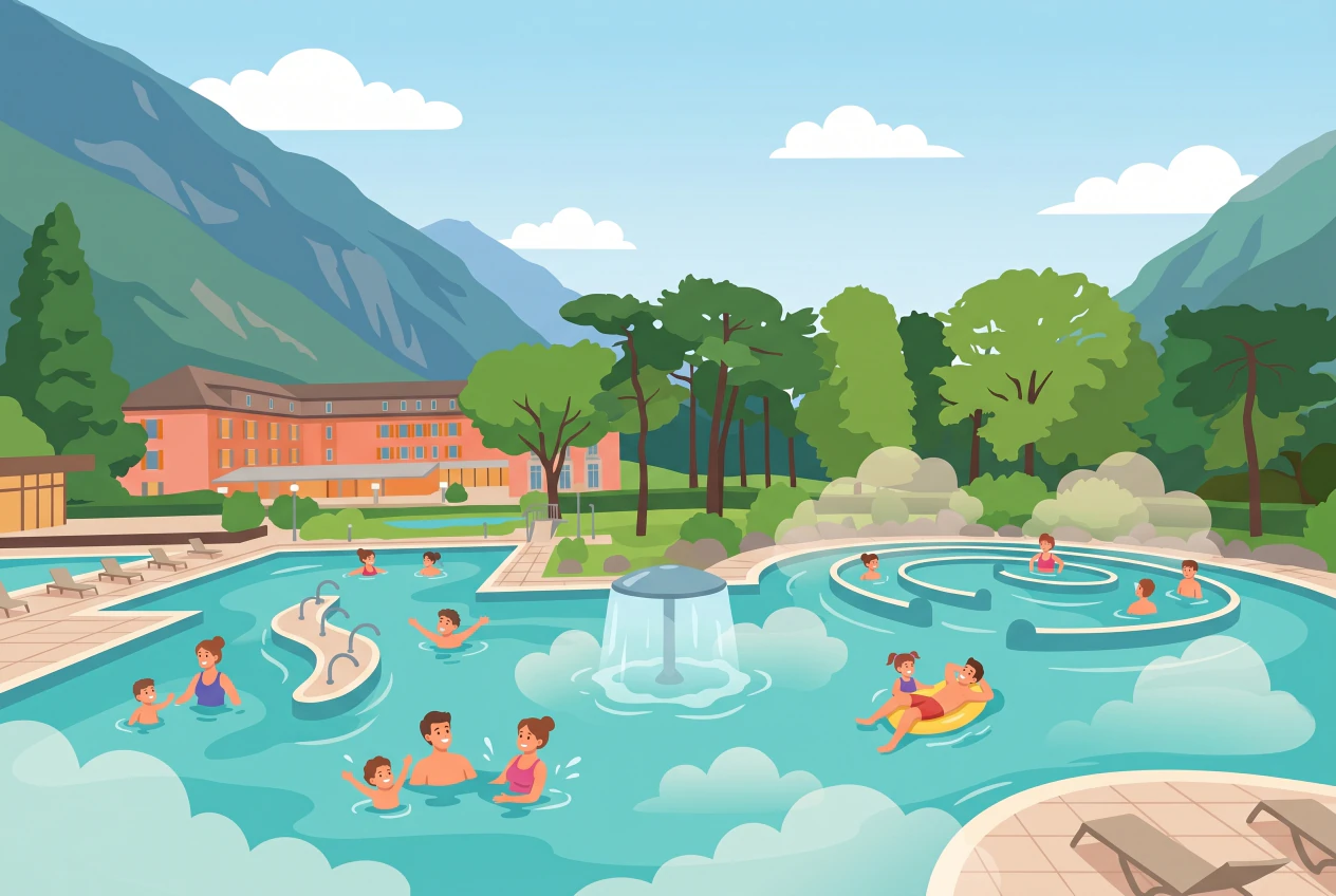 Illustration des Bains de Lavey, bassin thermal extérieur face aux montagnes du Chablais
