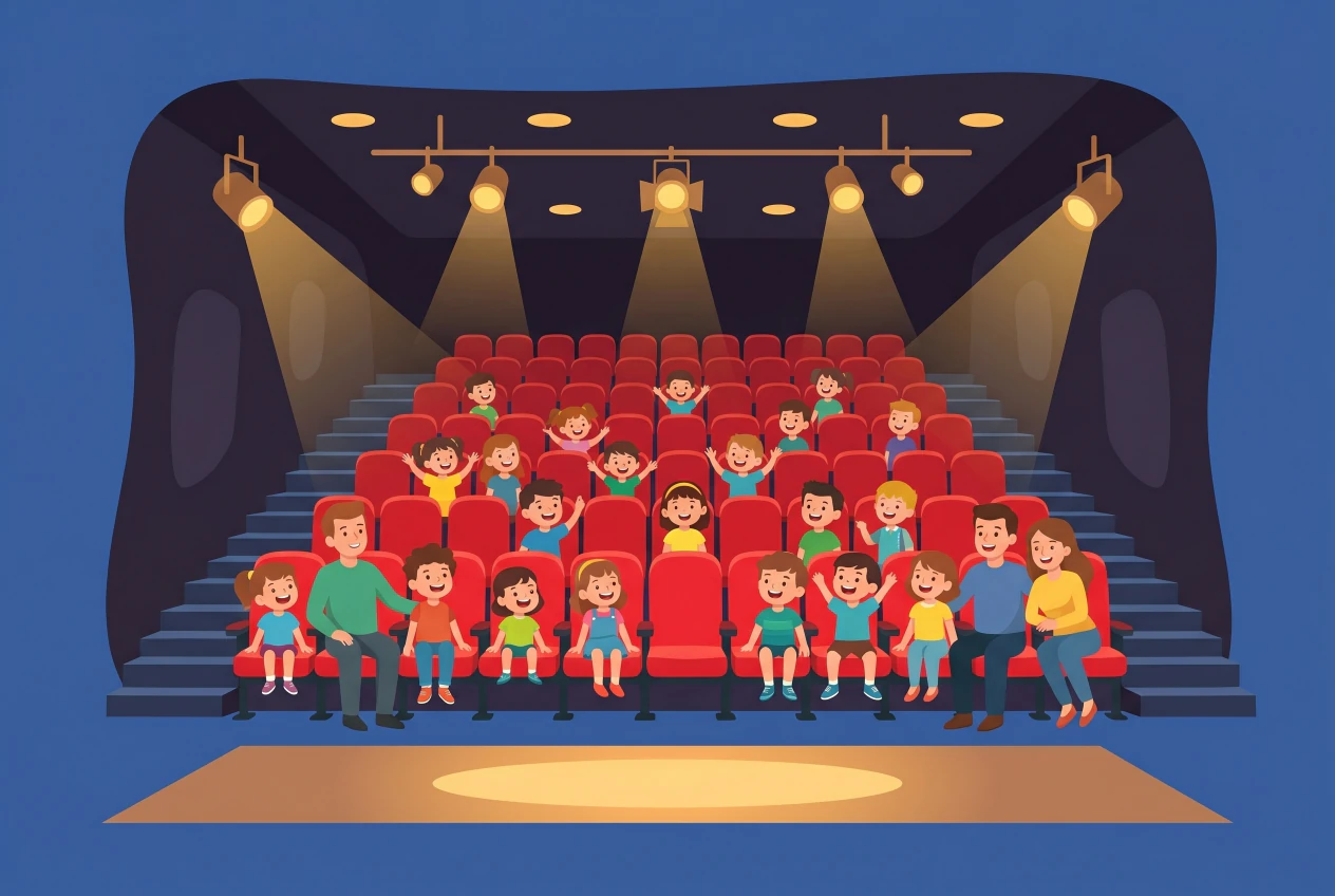 Illustration de la salle intime du Théâtre Le Douze Dix-Huit au Grand-Saconnex, avec ses rangées de fauteuils rouges en gradins et des enfants ravis assistant à un spectacle jeune public