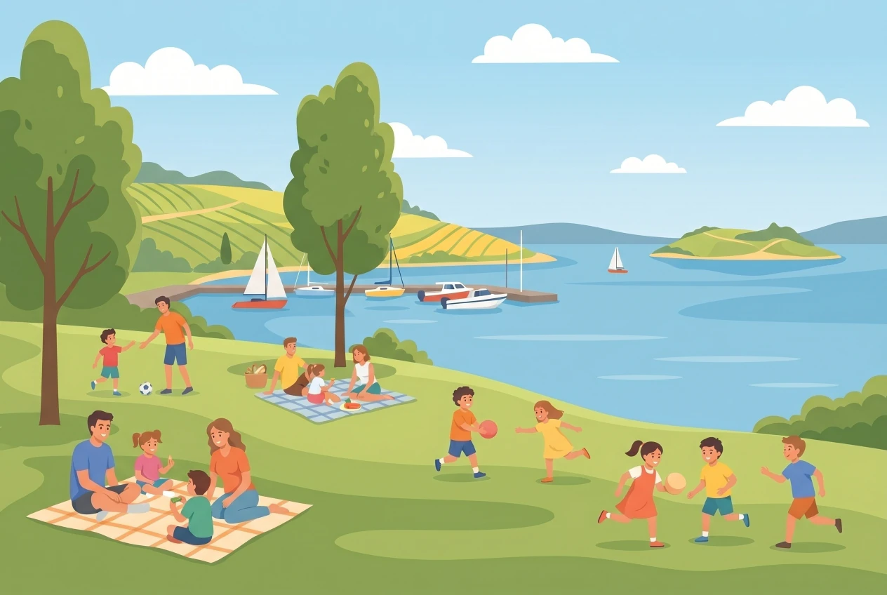 Illustration de la plage Saint-Joux à La Neuveville au bord du lac de Bienne, gazon, port et vignes