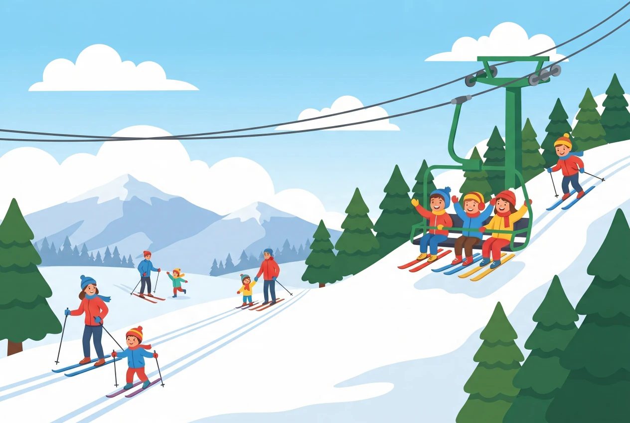 Illustration du centre nordique et des teleskis de Saint-George en hiver : telesiege emmenant des enfants, skieurs sur les pistes de ski de fond, paysage jurassien enneige