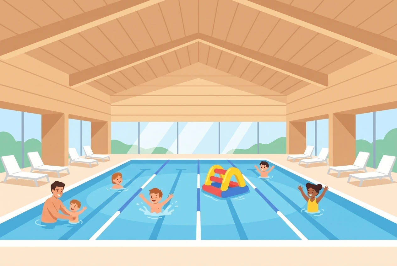 Illustration of the indoor swimming pool at Perrerets in Gland: a lap pool under an A-frame wooden structure, large bay windows, lounge chairs, and children swimming around an inflatable structure.