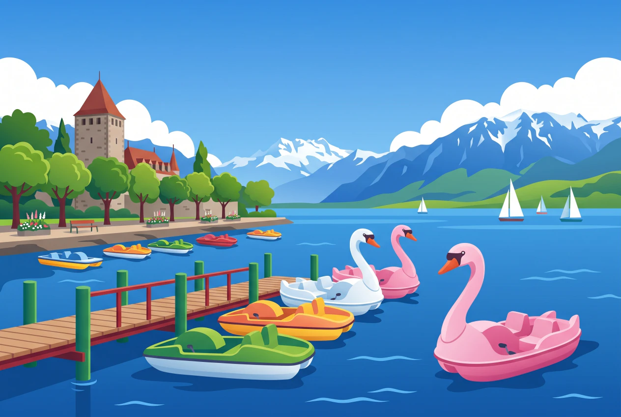 Illustration de pédalos colorés sur le Léman à Ouchy, Lausanne, avec le Château d'Ouchy et les Alpes
