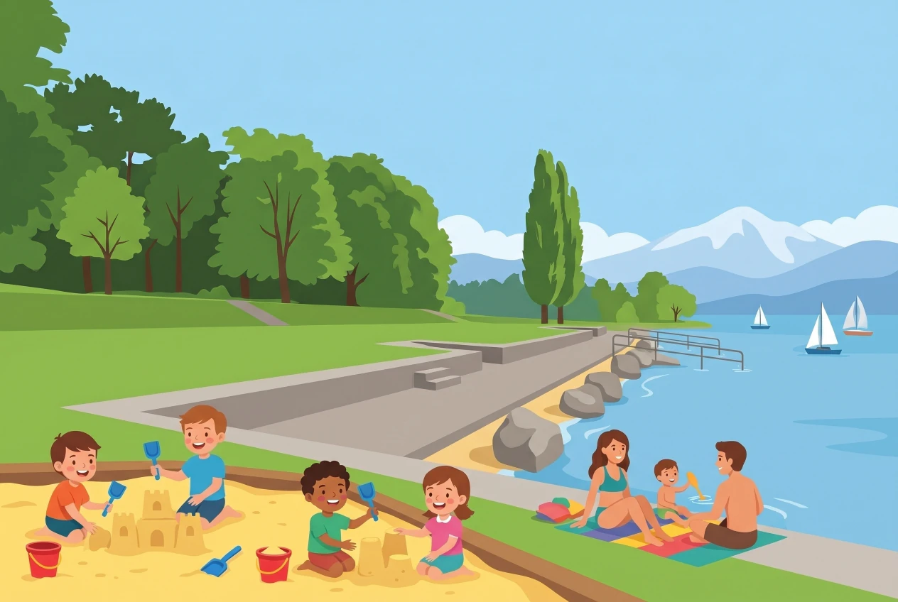 Illustration de la plage du Reposoir à Pregny-Chambésy : grande pelouse au bord du Léman, bac à sable où jouent des enfants, accès bétonné à l'eau et vue sur le Mont-Blanc