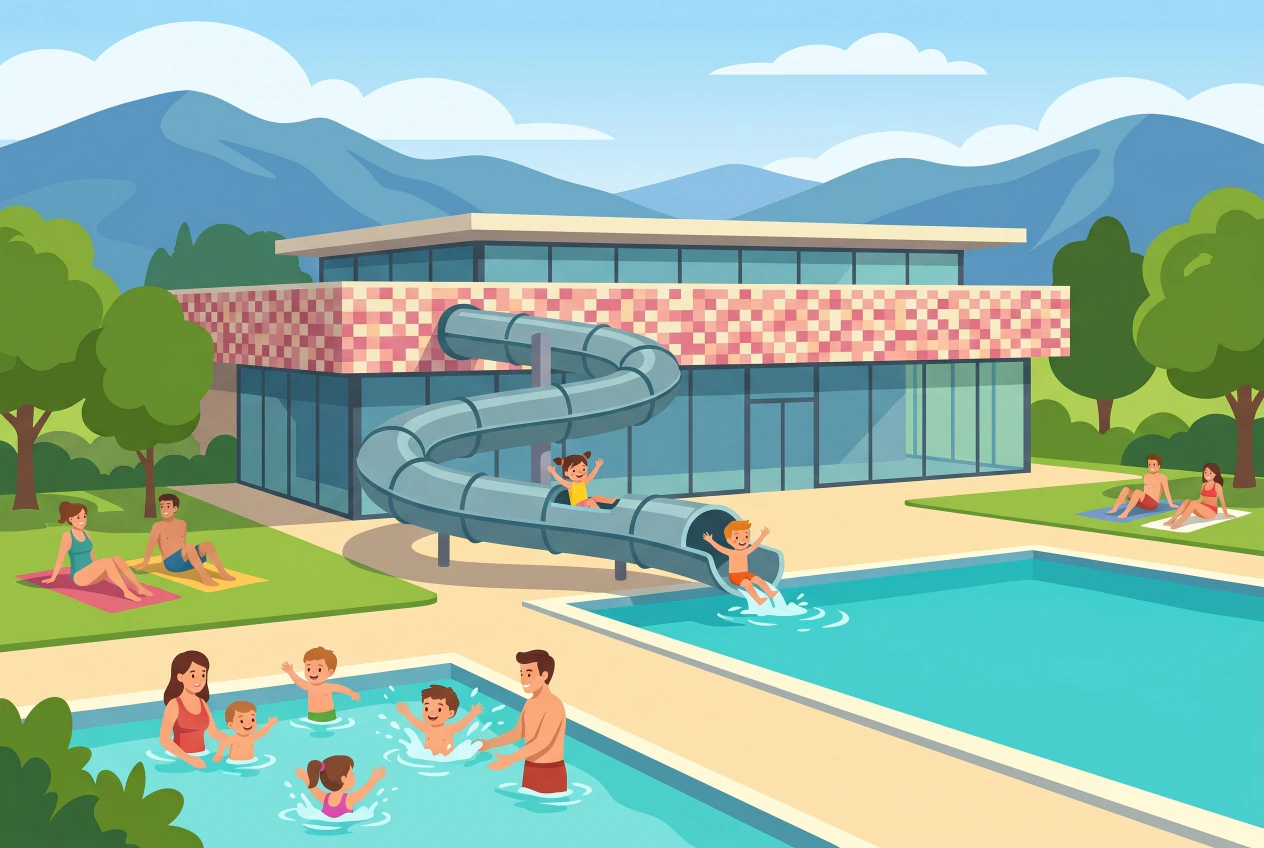 Illustration plate de la piscine de la Maladaire à Clarens : bâtiment moderne à bandeau de tuiles roses, grand toboggan tubulaire qui serpente, bassins extérieurs où nagent des enfants, pelouses et montagnes de la Riviera en fond