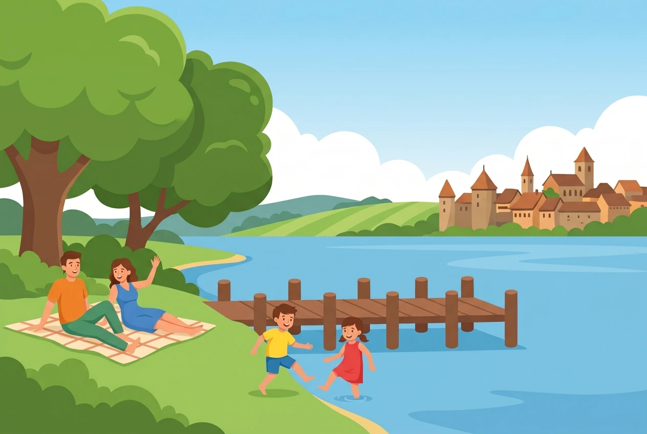 Illustration of Meyriez beach by Lake Murten, grass and trees