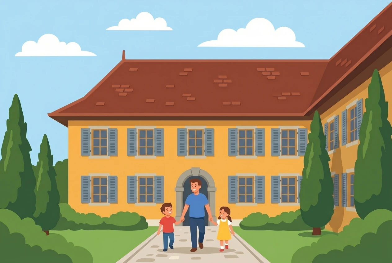 Illustration du Musée historique de Vevey installé dans le Château de Vevey : manoir ocre à volets bleu-gris dans un jardin arboré, avec une famille qui se dirige vers l'entrée