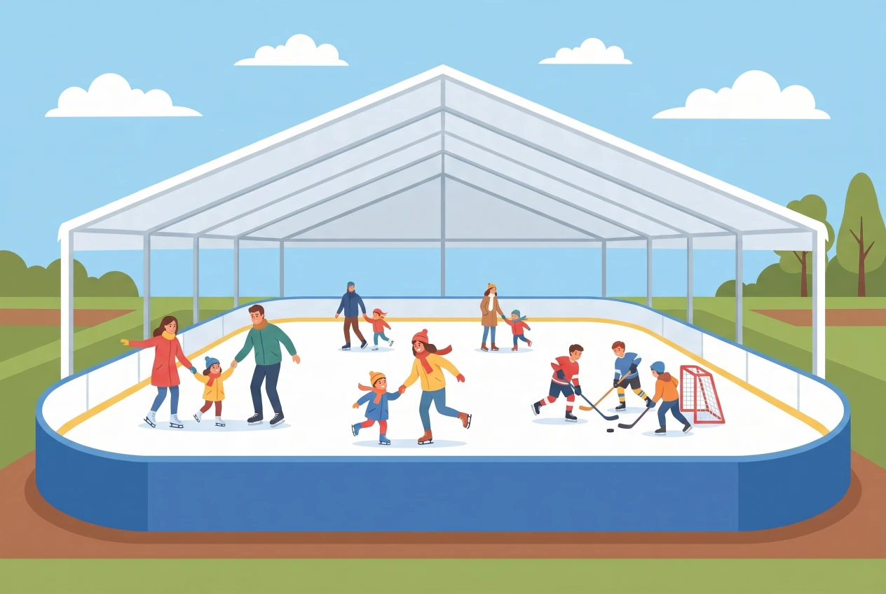 Illustration of the seasonal ice rink in Grand-Champ in Gland: ice surface under a large open tent with blue lines, children and families skating and playing hockey.