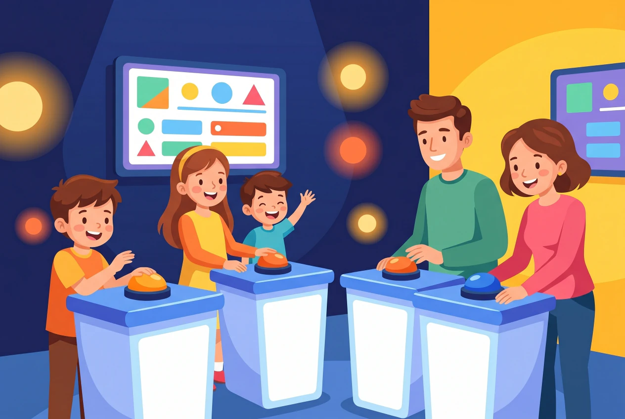 Illustration plate du Quiz Room Genève : une famille debout devant des pupitres lumineux de plateau télé, buzzers orange et bleu en main, écrans de quiz colorés au mur, ambiance de jeu télévisé.