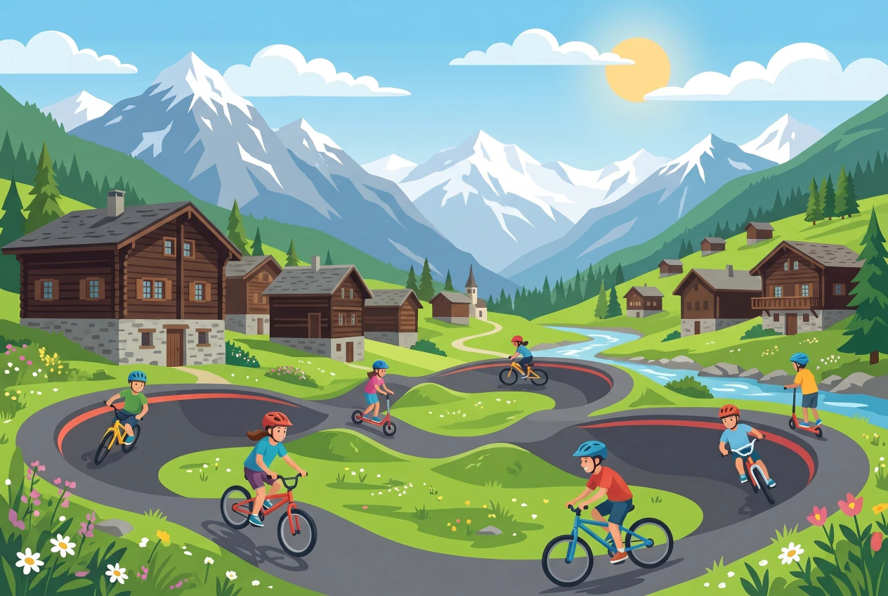 Illustration plate de pumptrack de Grimentz, enfants a velo et trottinette avec casque sur une piste a bosses