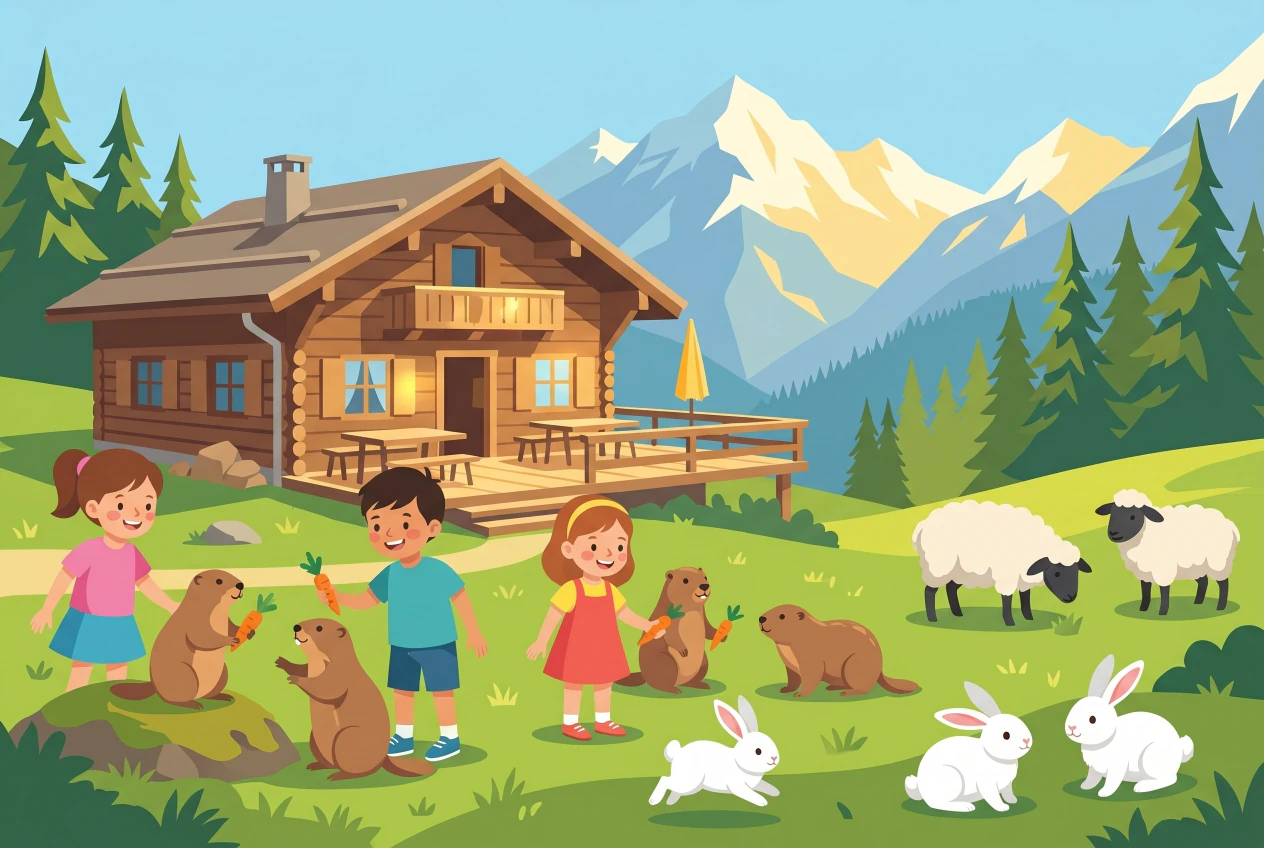 Illustration plate du Parc a Marmota a Anzere, enfants nourrissant des marmottes pres d'un chalet