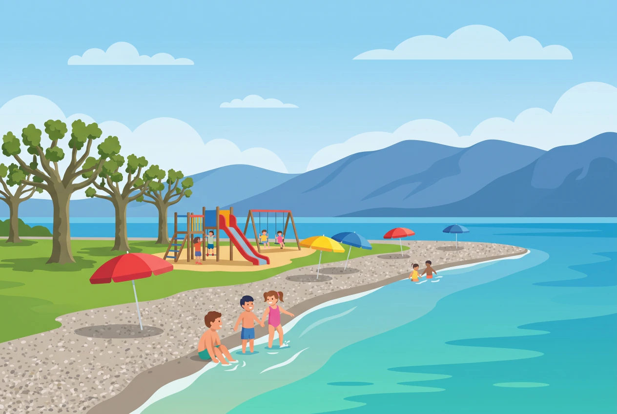 Illustration plate de la Plage d'Hermance au bord du lac Leman: plage de galets, pelouse ombragee de platanes, place de jeux avec toboggan rouge, parasols et enfants qui se baignent, montagnes du Jura en arriere-plan
