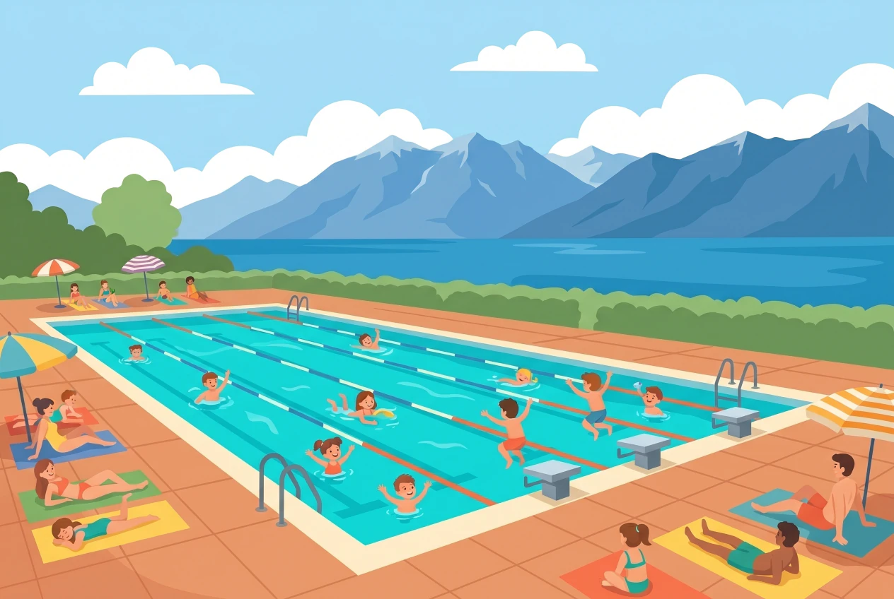 Illustration plate de la piscine de Vevey-Corseaux Plage : grand bassin extérieur 50 m aux lignes d'eau turquoise, enfants qui nagent et familles sur les transats, avec le lac Léman et les Alpes en arrière-plan