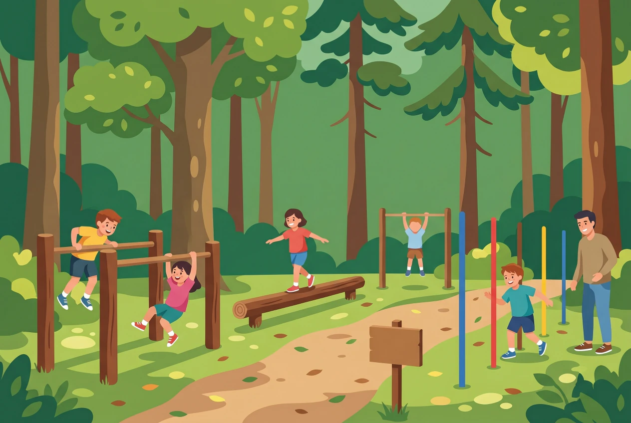 Illustration plate of the Parcours Vita in Gy: children climbing on wooden parallel bars, balancing on a log beam, hanging from a fixed bar, and weaving between colorful blue, red, and yellow poles in a Geneva forest, with a parent.