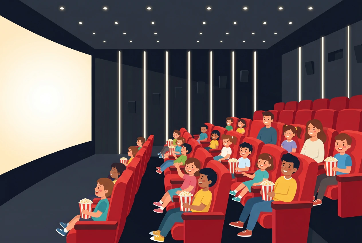 Illustration plate de la salle Arena MEGA d'Arena Cinemas a La Praille (Lancy): grand ecran courbe, rangees de fauteuils rouges et enfants joyeux avec du pop-corn