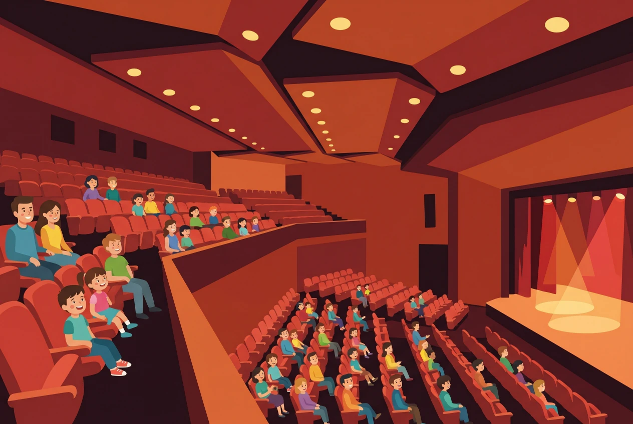 Illustration plate de la grande salle du Théâtre Forum Meyrin: rangées de fauteuils rouges et plafond rouge à panneaux géométriques, des familles et des enfants installés pour regarder un spectacle sur la scène éclairée