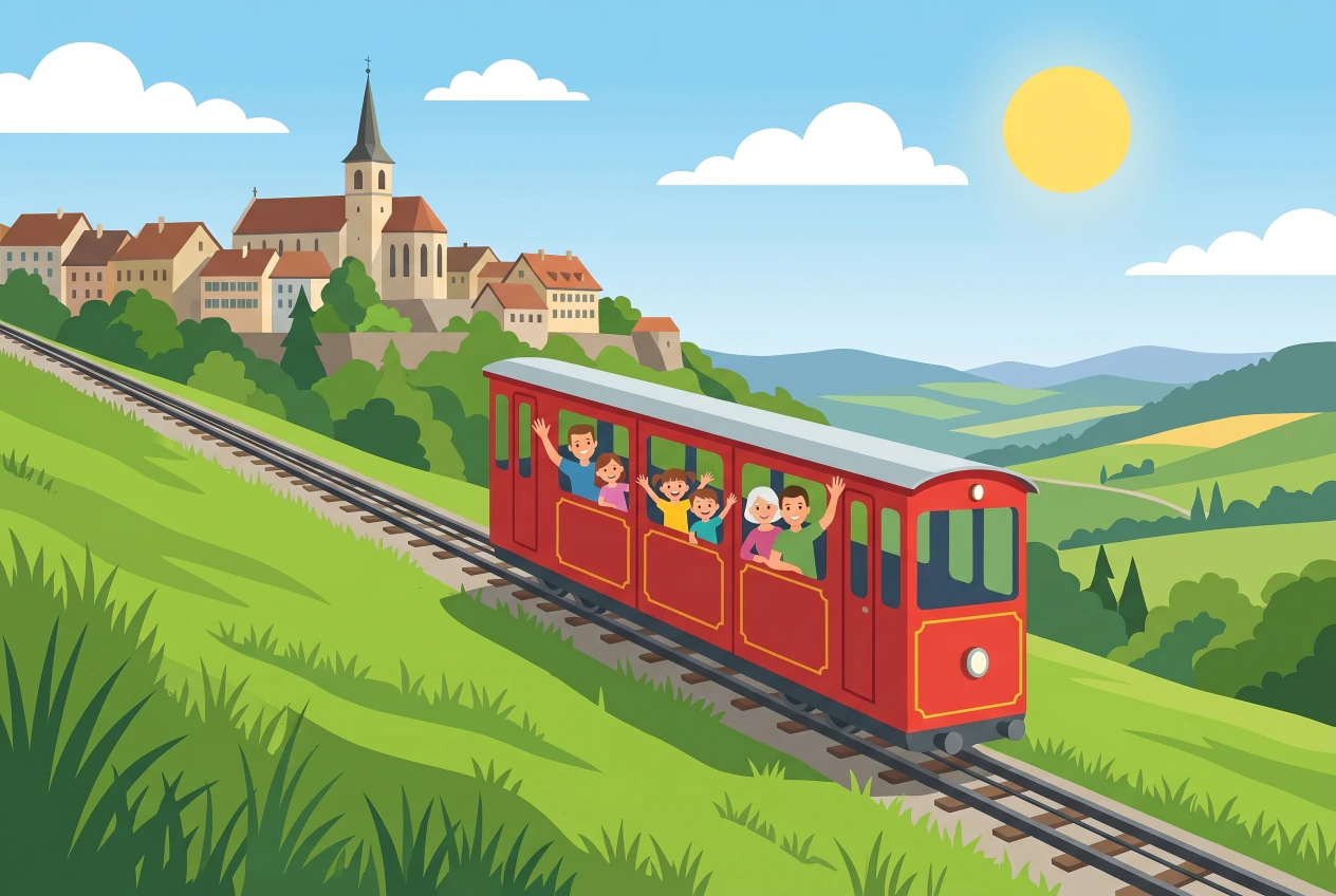 Illustration plate de funiculaire de Cossonay montant vers le bourg perche, famille a bord