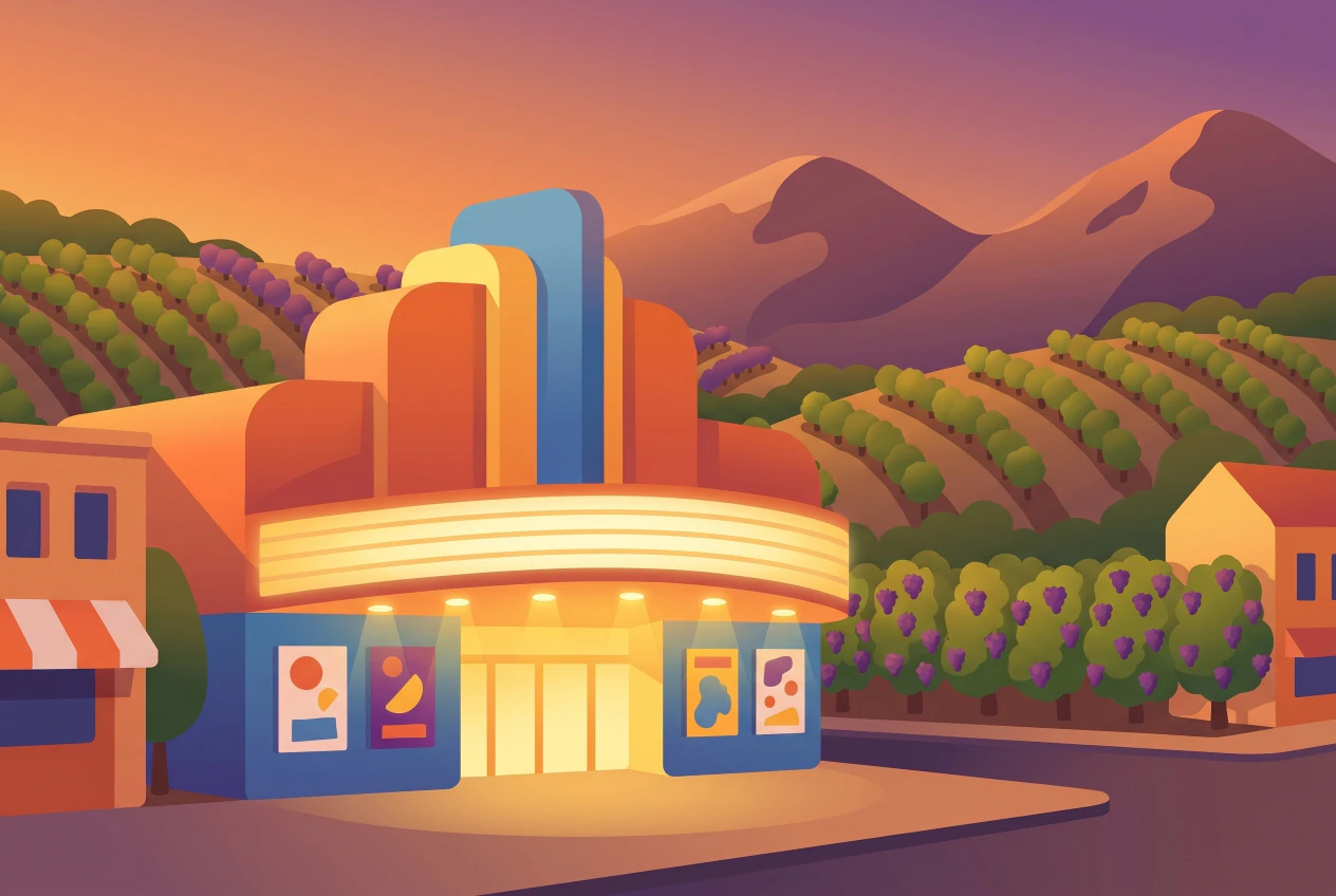 Illustration du cinema Casino a Sierre, facade eclairee et affiches, vignes en terrasses et montagnes au coucher du soleil
